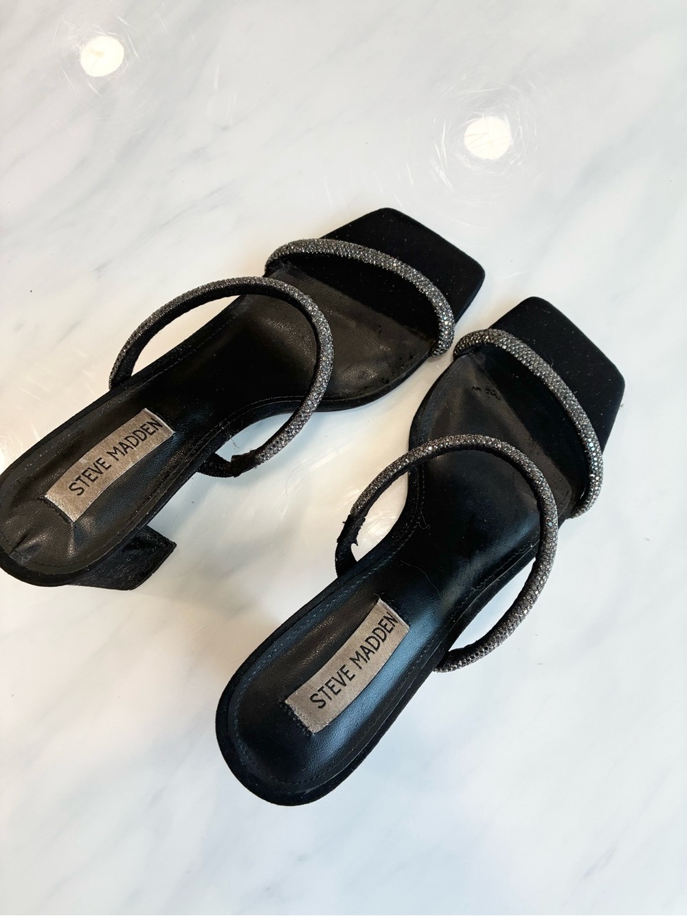 Steve Madden Black Glitter-Strap Square-Toe Heeled Sandals